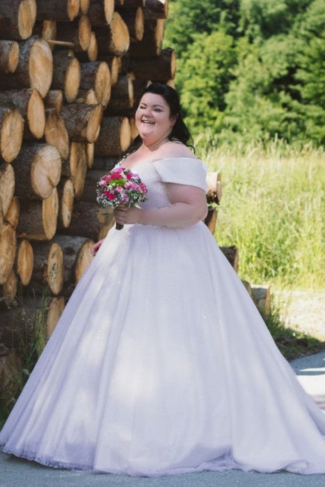 Off-the-Shoulder Satin Princess Wedding Dress Plus Size-Bridelily