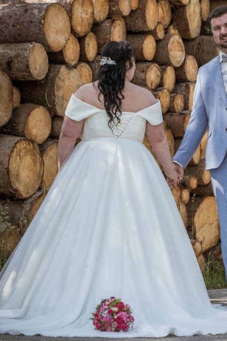 Off-the-Shoulder Satin Princess Wedding Dress Plus Size-Bridelily
