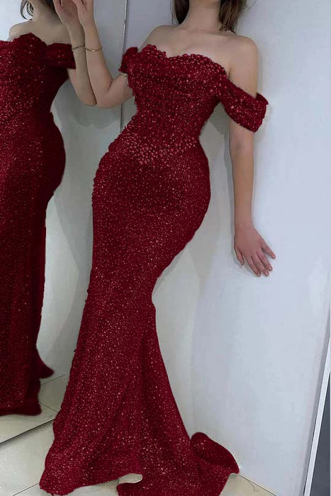 Dazzling Beaded Sweetheart Mermaid Evening Dress Sequins Off-Shoulder Floor-Length Prom Dress with Train