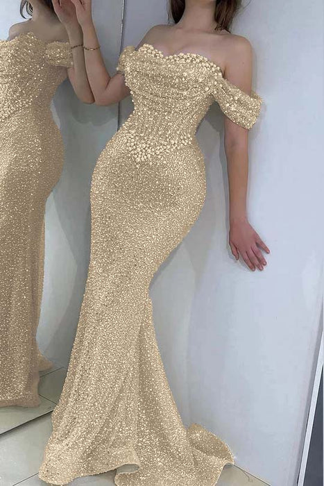 Dazzling Beaded Sweetheart Mermaid Evening Dress Sequins Off-Shoulder Floor-Length Prom Dress with Train