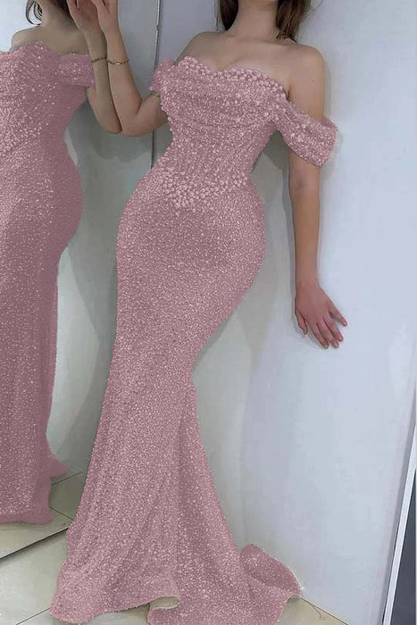 Dazzling Beaded Sweetheart Mermaid Evening Dress Sequins Off-Shoulder Floor-Length Prom Dress with Train