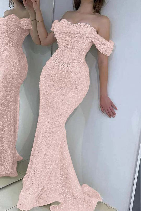Dazzling Beaded Sweetheart Mermaid Evening Dress Sequins Off-Shoulder Floor-Length Prom Dress with Train