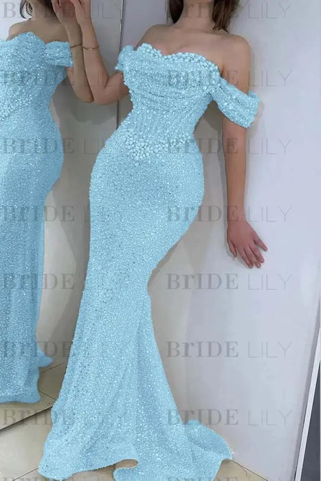 Dazzling Beaded Sweetheart Mermaid Evening Dress Sequins Off-Shoulder Prom Dress with Train