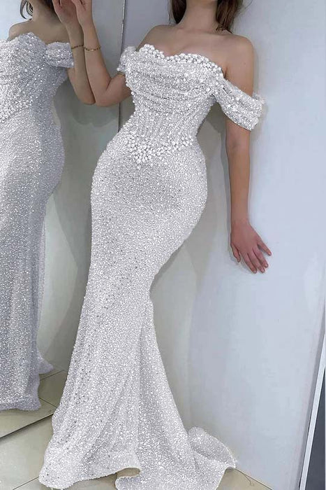 Dazzling Beaded Sweetheart Mermaid Evening Dress Sequins Off-Shoulder Floor-Length Prom Dress with Train
