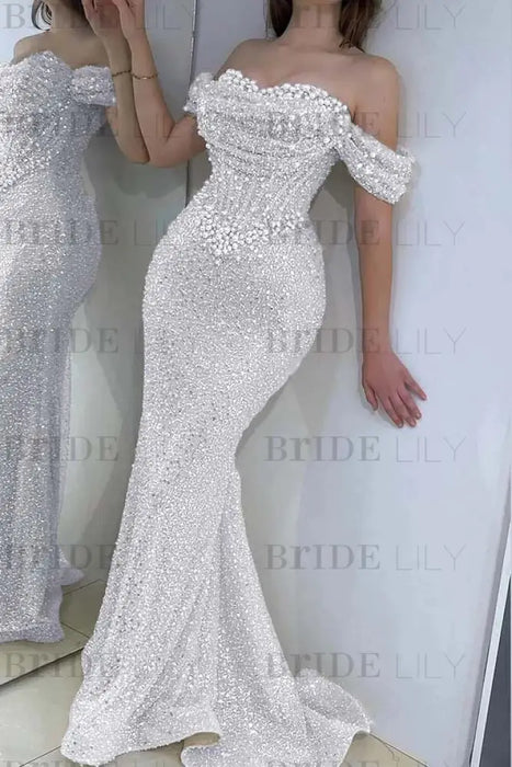 Dazzling Beaded Sweetheart Mermaid Evening Dress Sequins Off-Shoulder Prom Dress with Train