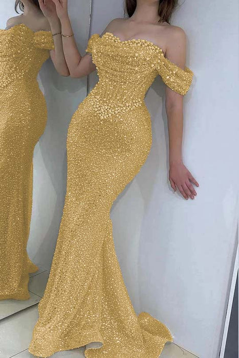 Dazzling Beaded Sweetheart Mermaid Evening Dress Sequins Off-Shoulder Floor-Length Prom Dress with Train