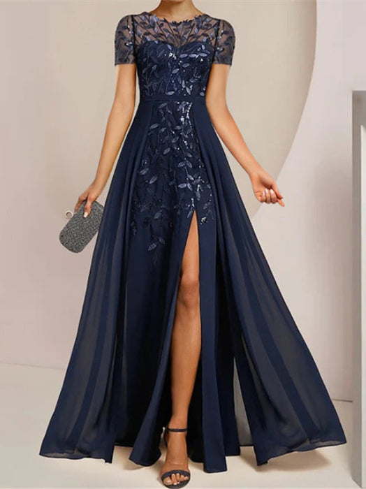 A-Line Mother of the Bride Dress with Scoop Neckline Side Split and Sequined Ruffles