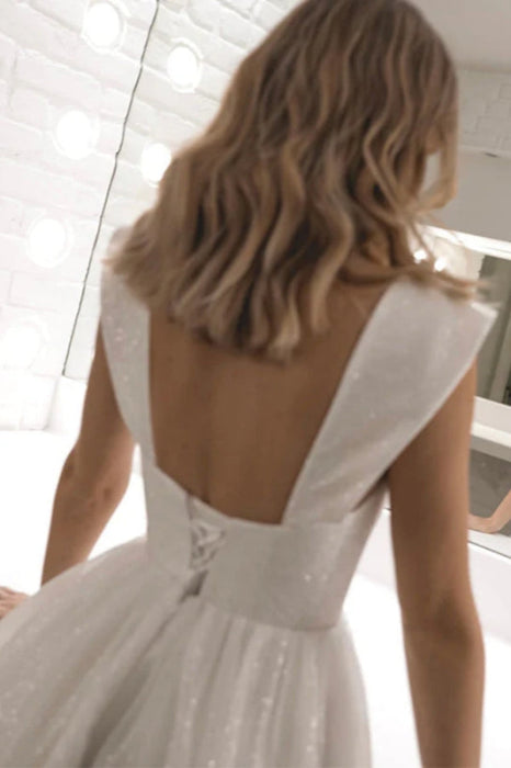 Off-the-Shoulder Sequins A-line Wedding Dress Knee-Length Sweetheart Bridal Dress - wedding dresses