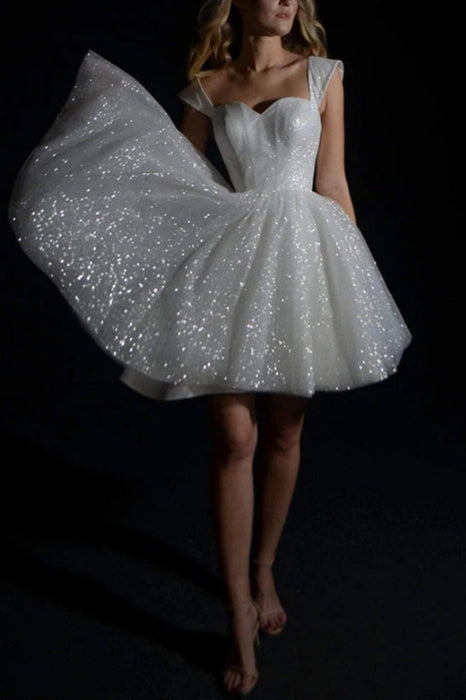Off-the-Shoulder Sequins A-line Wedding Dress Knee-Length Sweetheart Bridal Dress - wedding dresses