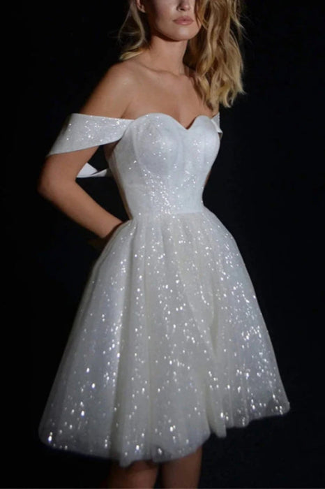 Off-the-Shoulder Sequins A-line Wedding Dress Knee-Length Sweetheart Bridal Dress - wedding dresses