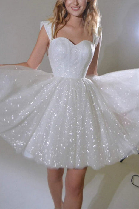 Off-the-Shoulder Sequins A-line Wedding Dress Knee-Length Sweetheart Bridal Dress - wedding dresses