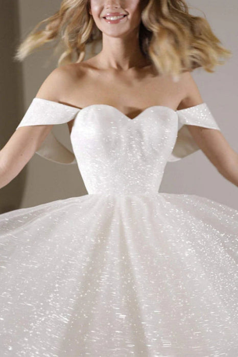 Off-the-Shoulder Sequins A-line Wedding Dress Knee-Length Sweetheart Bridal Dress - wedding dresses