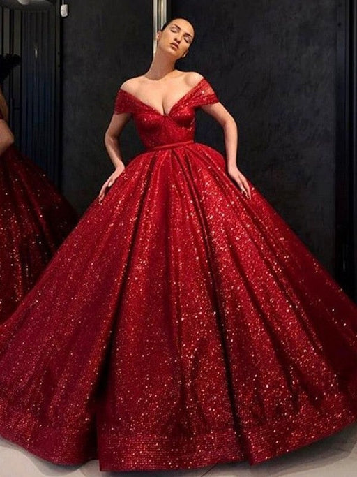 Ball Gown Sequins Ruffles Off-the-Shoulder Sleeveless Floor-Length Dresses - Prom Dresses