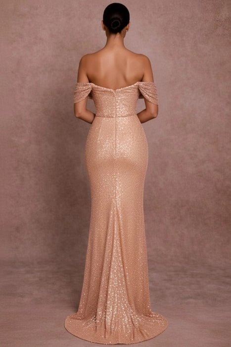 Off-the-Shoulder Glitter Sequins Mermaid Evening Dress with Ruffles