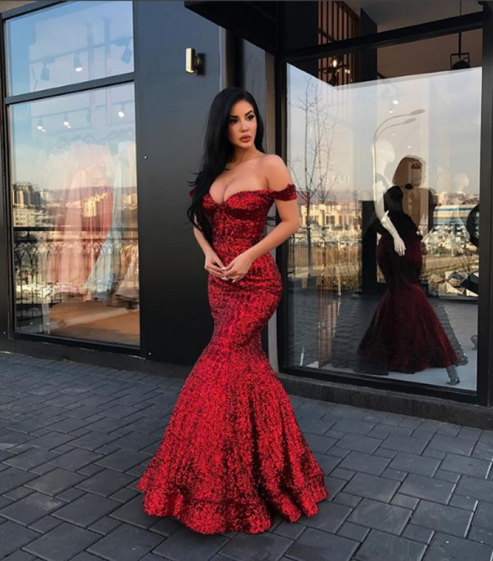 Mermaid Off the Shoulder Sleeveless Sequins Prom Dresses with Slit LBQ3392