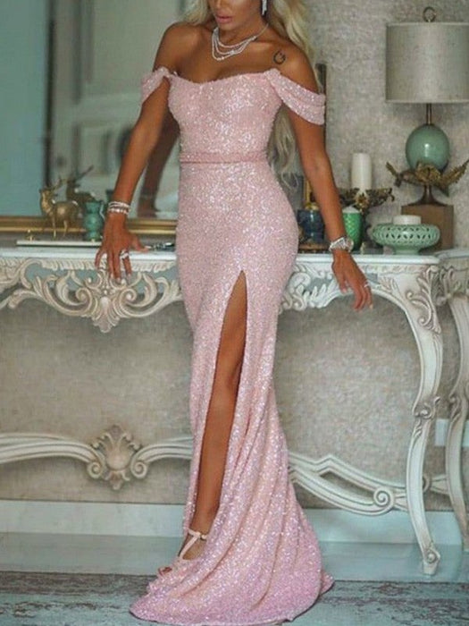 Trumpet/Mermaid Off-the-Shoulder Sequins Sleeveless Sash/Ribbon/Belt Sweep/Brush Train Dresses - Prom Dresses