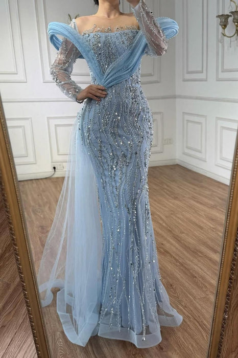 Off-the-Shoulder Sky Blue Mermaid Prom Dress Tulle Beadings Evening Gown