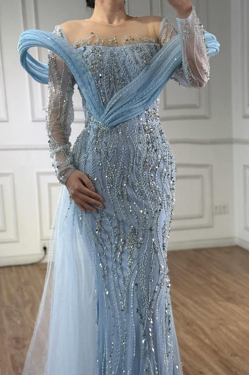 Off-the-Shoulder Sky Blue Mermaid Prom Dress Tulle Beadings Evening Gown
