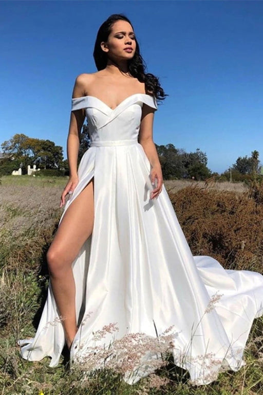 Off-the-Shoulder Slit Prom Dress in White