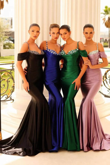 Off-The-Shoulder Sweetheart Beaded Mermaid Prom Dress with Spaghetti-Straps