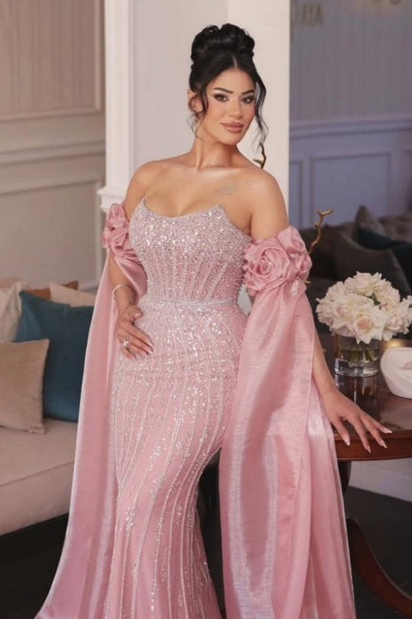 Off-the-Shoulder Sweetheart Beadings Pink Evening Dress with Cape