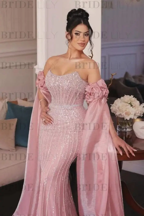 Off-the-Shoulder Sweetheart Beadings Pink Evening Dress with Cape