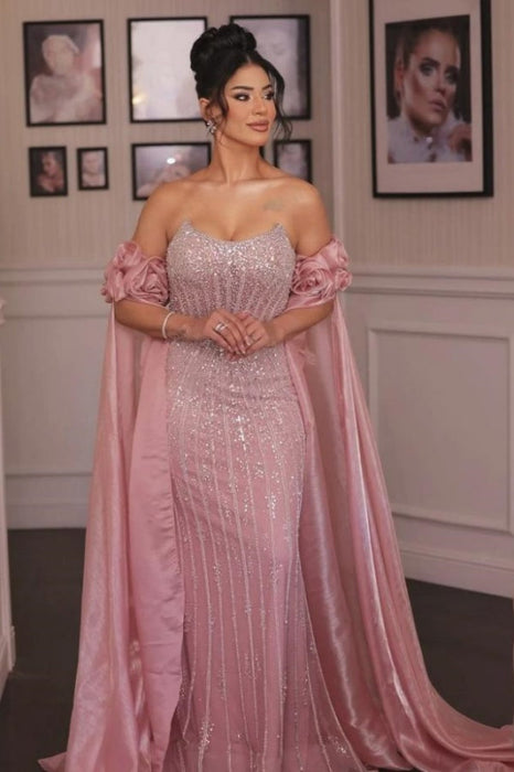 Off-the-Shoulder Sweetheart Beadings Pink Evening Dress with Cape