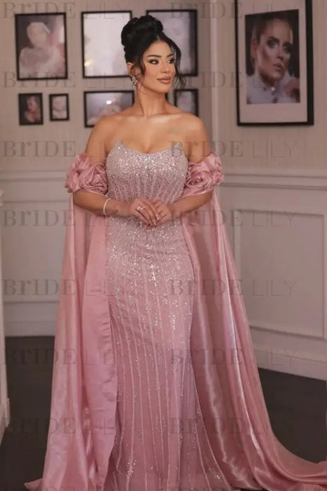 Off-the-Shoulder Sweetheart Beadings Pink Evening Dress with Cape