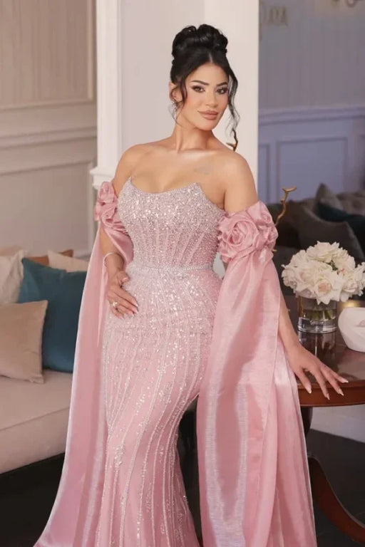 Off-the-Shoulder Sweetheart Beadings Pink Evening Dress with Cape