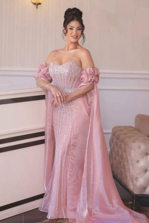 Off-the-Shoulder Sweetheart Beadings Pink Evening Dress with Cape