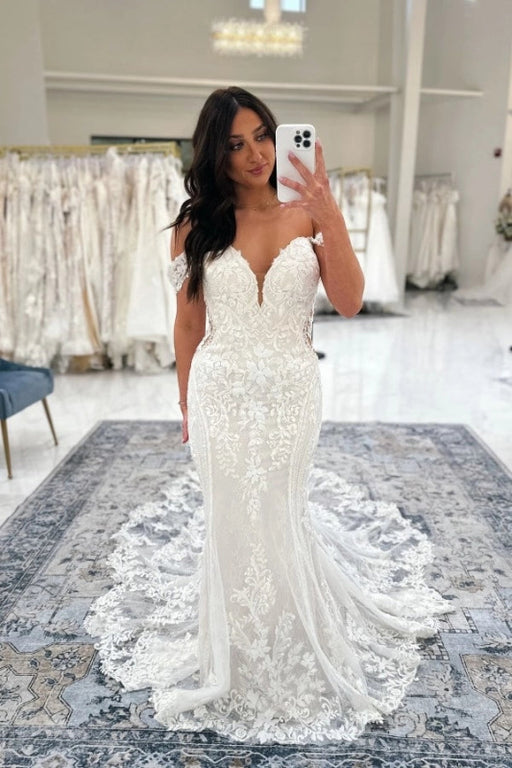 Off the Shoulder Sweetheart Ivory Lace Wedding Dress Mermaid Bridal Gown
