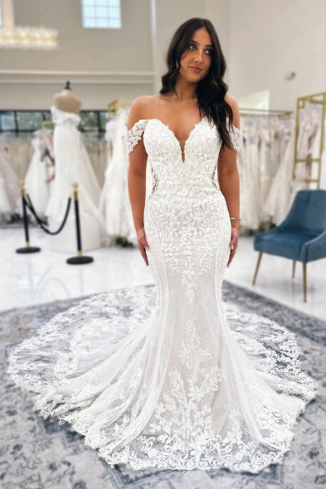 Off the Shoulder Sweetheart Ivory Lace Wedding Dress Mermaid Bridal Gown