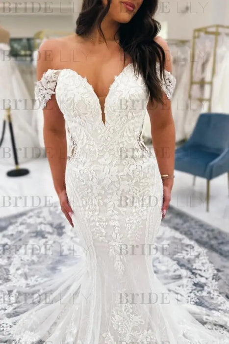 Off-the-Shoulder Ivory Lace Wedding Dress Mermaid-Bridelily Off-the-Shoulder Ivory Lace Wedding Dress Mermaid-Bridelily