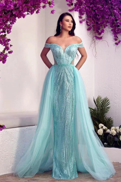 Off-The-Shoulder Sweetheart Tulle Prom Dress with Overskirt Sequins an Bridelily Off-The-Shoulder Sweetheart Tulle Prom Dress with Overskirt Sequins an Bridelily