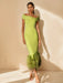 Unique Off-the-Shoulder Tea-Length Mother of the Bride Dress with Short Sleeves and Feathers