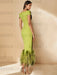 Unique Off-the-Shoulder Tea-Length Mother of the Bride Dress with Short Sleeves and Feathers
