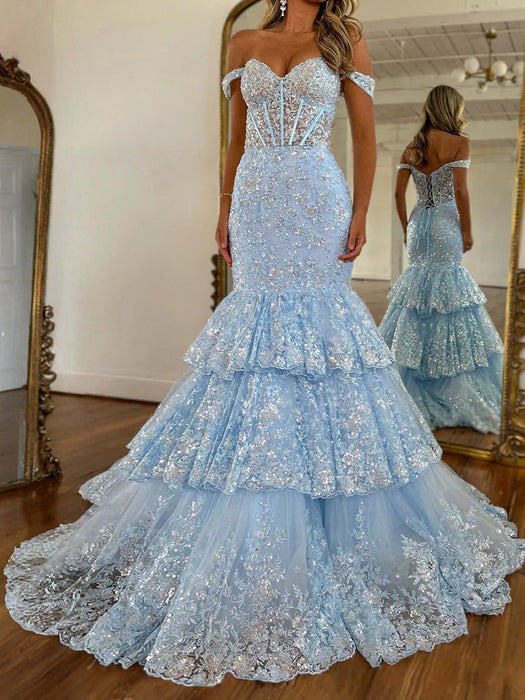 Off The Shoulder Tiered Lace Mermaid Prom Dress with Appliques