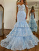 Off The Shoulder Tiered Lace Mermaid Prom Dress with Appliques