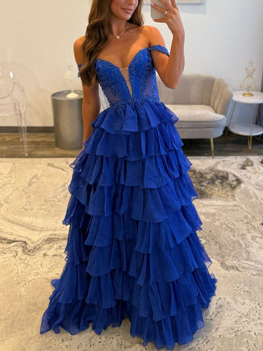 Off The Shoulder Tiered Royal Blue A Line Prom Dress with Slit