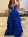 Off The Shoulder Tiered Royal Blue A Line Prom Dress with Slit