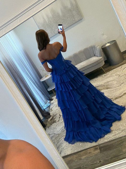 Off The Shoulder Tiered Royal Blue A Line Prom Dress with Slit