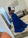 Off The Shoulder Tiered Royal Blue A Line Prom Dress with Slit