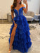Off The Shoulder Tiered Royal Blue A Line Prom Dress with Slit