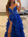 Off The Shoulder Tiered Royal Blue A Line Prom Dress with Slit
