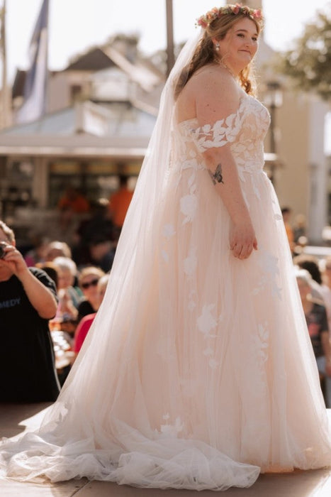 Off-the-Shoulder Tulle Aline Wedding Dress Plus Size Lace Appliques Ball Gown