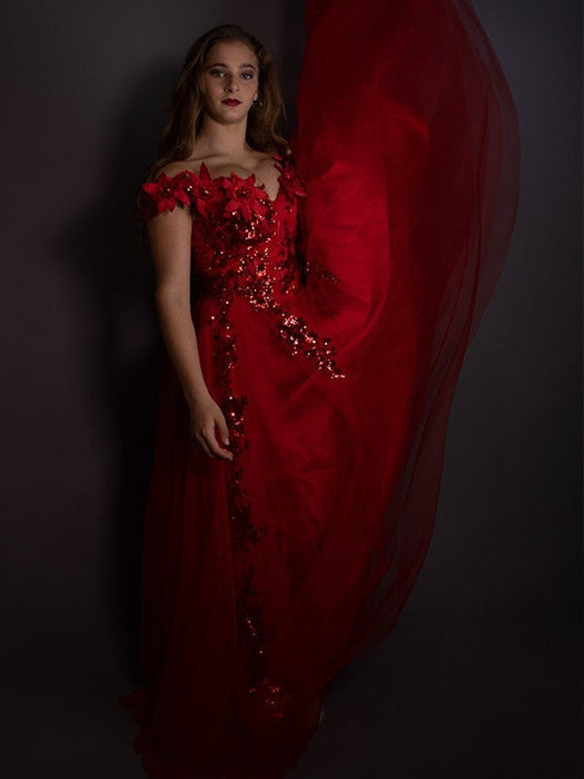 A-Line/Princess Off-the-Shoulder Tulle Applique Sleeveless Floor-Length Dresses - Prom Dresses