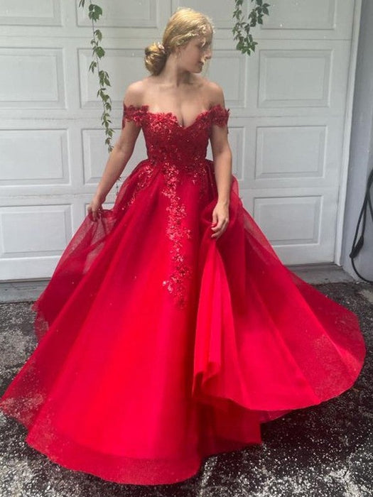A-Line/Princess Off-the-Shoulder Tulle Applique Sleeveless Floor-Length Dresses - Prom Dresses