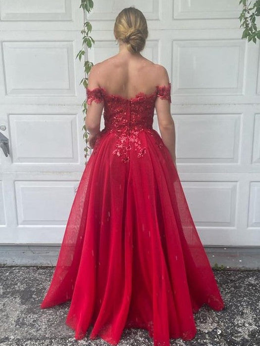A-Line/Princess Off-the-Shoulder Tulle Applique Sleeveless Floor-Length Dresses - Prom Dresses