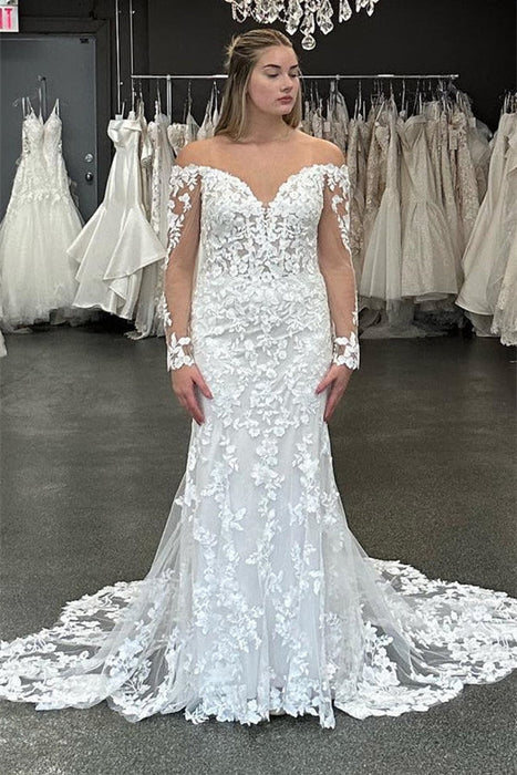 Off-the-Shoulder Tulle Lace Appliques Mermaid Wedding Dress with Long Sleeves