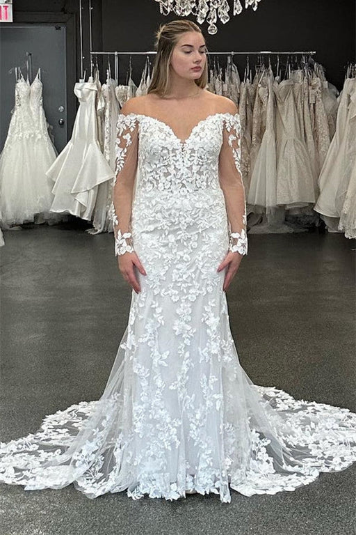 Off-the-Shoulder Tulle Lace Appliques Mermaid Wedding Dress with Long Sleeves